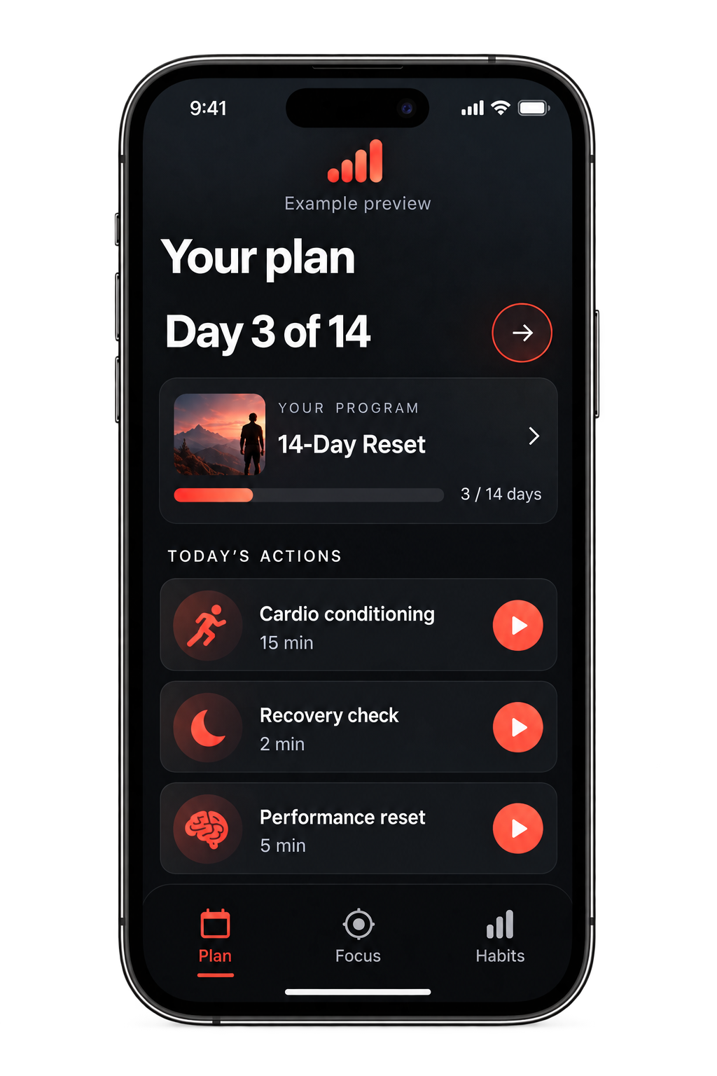 GET HARDER example starting plan: Day 3 of 14, with cardio conditioning for 15 minutes, a recovery check for 2 minutes and a performance reset for 5 minutes.