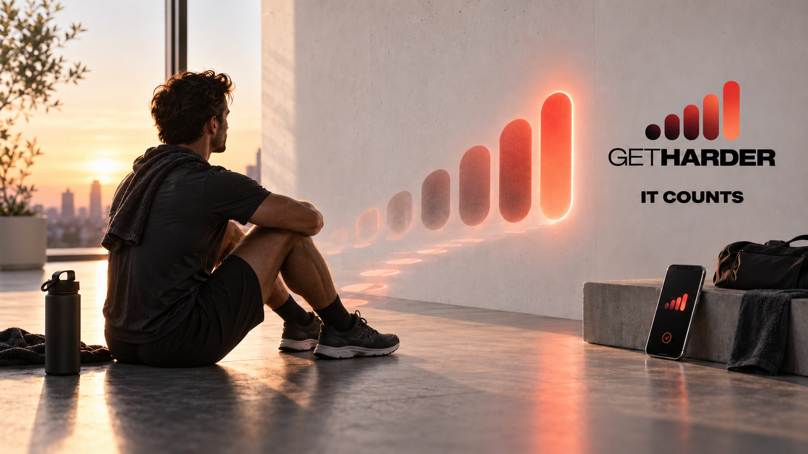 A man resting after a workout in morning light, beside the GET HARDER progression mark and the words It Counts.