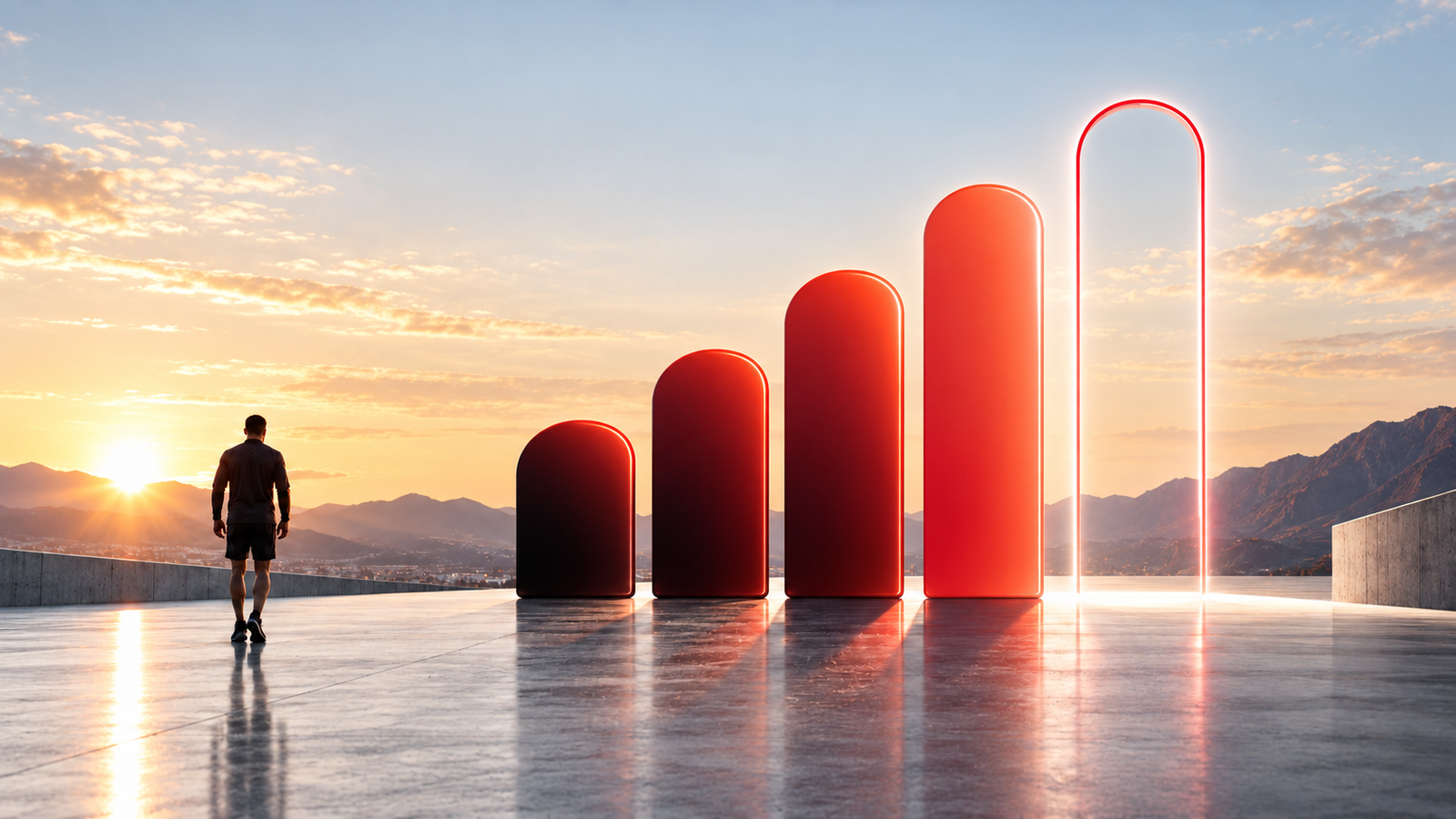 A man walking toward five rising red sculptures at sunrise, the final bar still outlined.